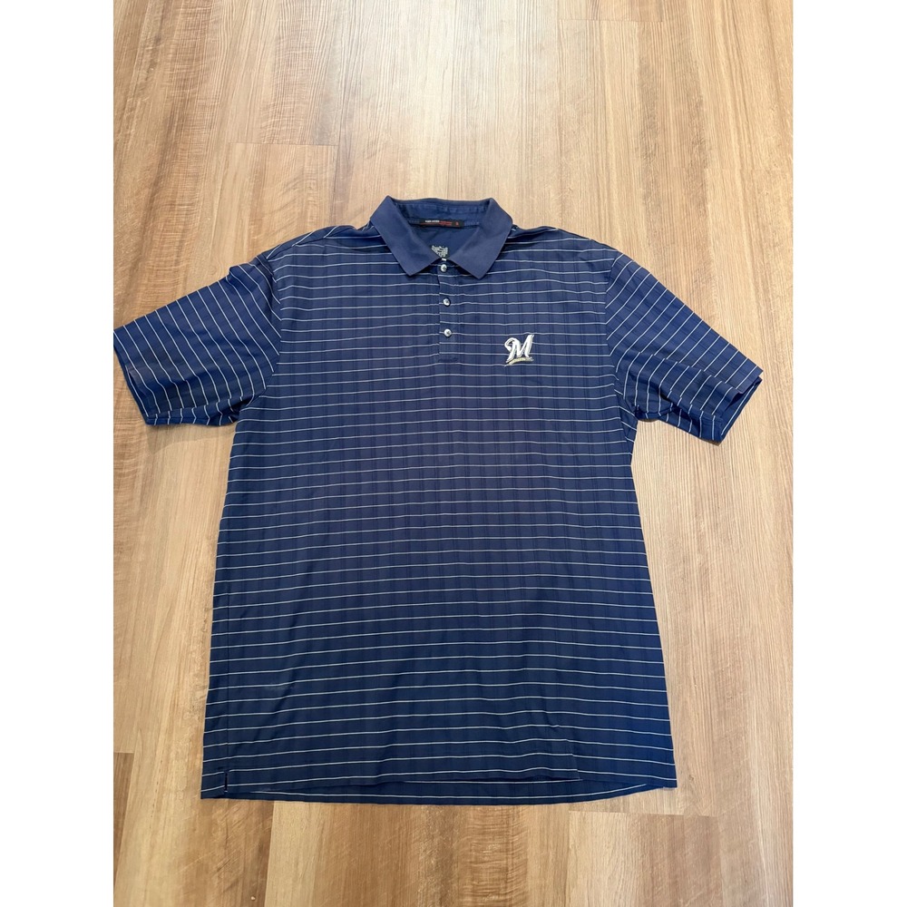 Nike Tiger Woods Milwaukee Brewers Polo Mens XL Blue Striped GolfShirt256443-451